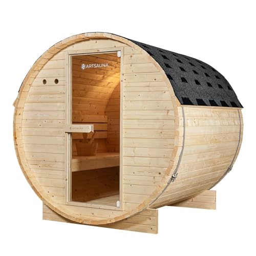 Artsauna Outdoor Fasssauna Spitzbergen 180 für 4 Personen - 6 kW Ofen, Saunasteine & Zubehör - Saunafass aus Fichtenholz - Außensauna Gartensauna