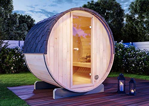 FinnTherm Fass-Sauna Mini XS, 194 x 160 x 194 cm Gartensauna, Outdoor Sauna mit 42 mm Wandstärke, inkl. Montagematerial, Glastür aus Sicherheitsglas, 3 Personen, inkl. Dachschindeln, Außensauna