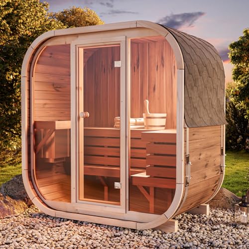 FinnTherm Fasssauna Elipso, Moderne Outdoor Sauna inkl. Dacheindeckung, Kompakte Gartensauna mit Glasfront, Außensauna: B 136 x T 119 x H 203 cm, 3 Personen